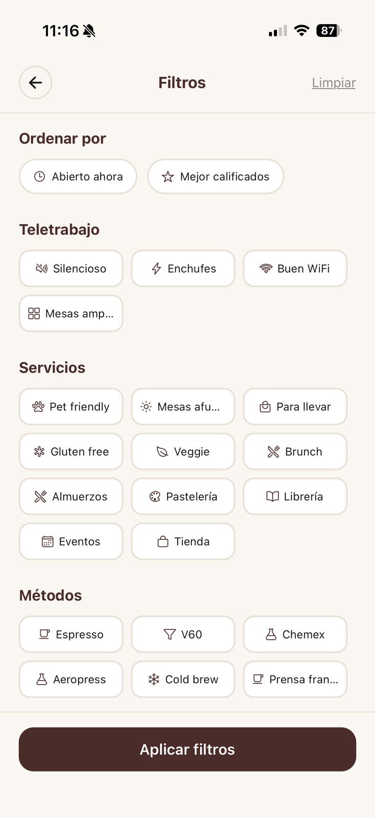 Buscafé — pantalla filtros